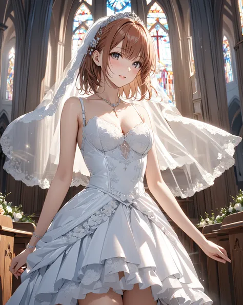 floats into the air, seaside church, bride, ( Misaka Mikoto), masterpiece, highest quality, UHD, retina, masterpiece, accurate anatomy, super detailed, high quality, best quality, 8k