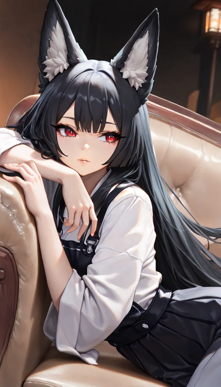 1girl, beautiful detailed eyes, beautiful detailed lips, extremely detailed face, long eyelashes, fox ears, wearing uniform, resting on sofa, black hair, red eyes, (best quality,4k,8k,highres,masterpiece:1.2),ultra-detailed, digital painting, concept art, ...