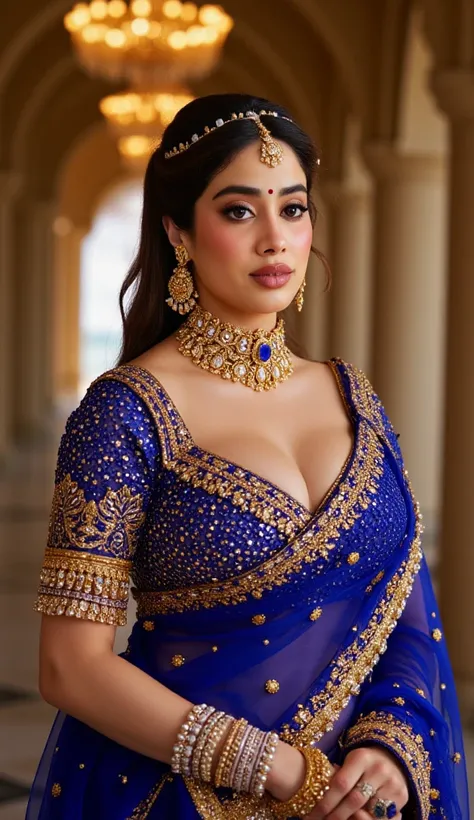 A mesmerizing portrait of a divine goddess draped in a royal blue lehenga, shimmering with golden embroidery, her luminous golden-hued skin illuminated under celestial lighting, piercing deep eyes lined with kohl, lips softly curved into a mysterious smile...