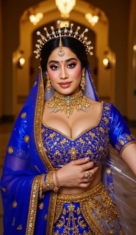 A mesmerizing portrait of a divine goddess draped in a royal blue lehenga, shimmering with golden embroidery, her luminous golden-hued skin illuminated under celestial lighting, piercing deep eyes lined with kohl, lips softly curved into a mysterious smile...