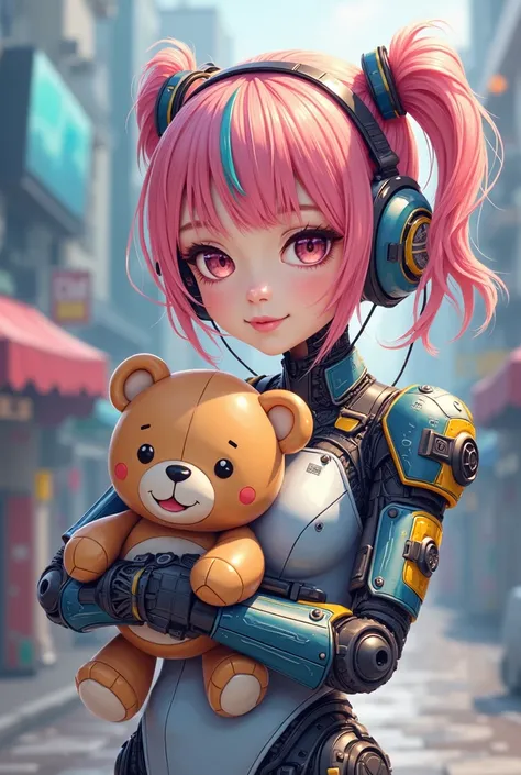 Anime style cyborg futuristic character with robotic elements, holding a teddy bear. The character has a colorful, stylized design, blending a playful aesthetic with sci-fi elements. The background suggests a vibrant urban environment.