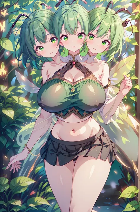 (masterpiece, best quality),best quality, (ultra-detailed), ((3heads:2.0)), 1girl, (wriggle nightbug:1.3), masterpiece, best quality, ultra quality, ultra resolution, ultra detail, (white crop top:1.5), crop top, ((stomach)), midriff, ((groin)), (black ski...