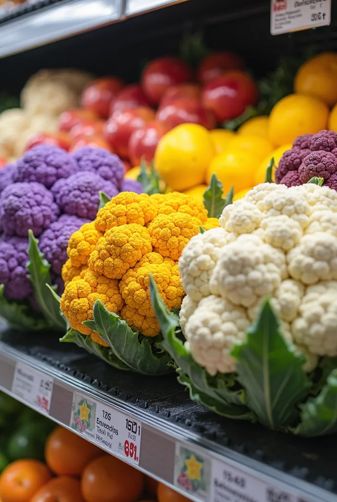 I would like to create an image of three cauliflowers, one of each color, one purple, one yellow and one white, placed on a supermarket shelf.