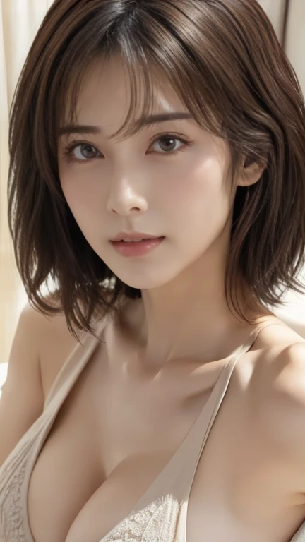 Very detailed,  masterpiece, best quality,  actual , (3.  mature woman ),delicate face, beautiful eyes,非常Emotional表情, Emotional plump lips, (Looking forward), (Elegant wavy medium hair:1.1)Emotional, prominent nose and nostrils,Elegant, Complex maturity, n...