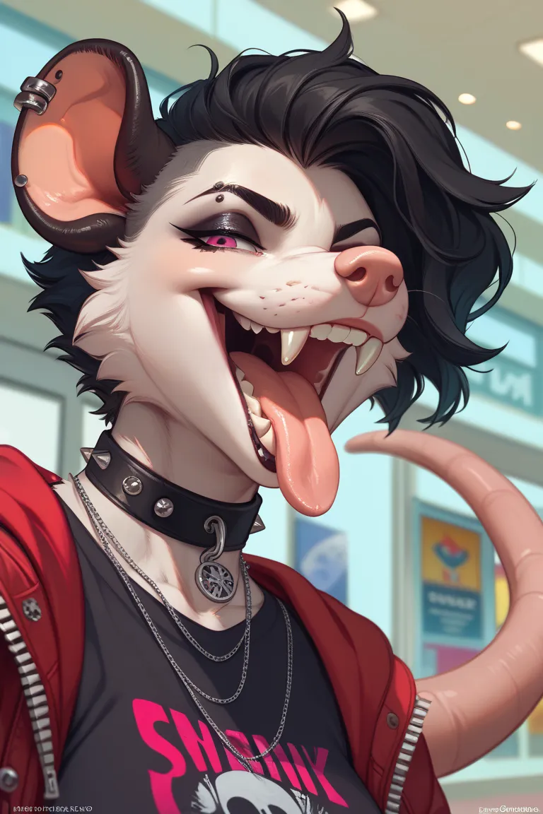 a furry opossum girl, smirking expression, attractive, cartoon, close-up of her open mouth, sharp pointy teeth, long pink tongue hanging out the side of her mouth, short black hair, in the mall, emo furry