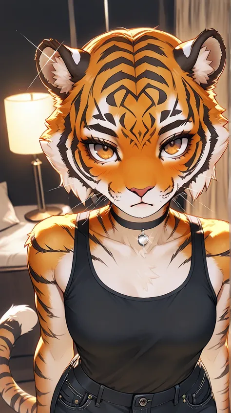 1Girl, Tiger Ears, Tiger Head, Anthro Tiger Girl, Furry, Bald, No Hair, Bright Brown Eyes, Dark Brown Eye Shadow, Medium Chest, Black Tank-Top, Black Ripped Jeans, Black Choker, Looking At Viewer, Bored, Glint, Sassy Pose, Standing, Solo, Close Up View, Be...