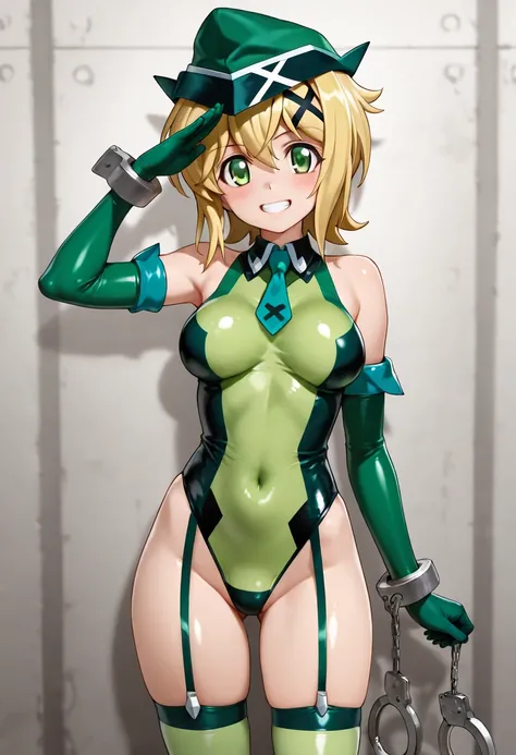 akatsuki kirika, 1girl, solo, looking at viewer, blush, smile, short hair, blonde hair, thighhighs, hat, medium breasts, standing, green eyes, teeth, necktie, elbow gloves, shiny skin, covered navel, garter straps, x hair ornament, skin tight, cuffs, shiny...