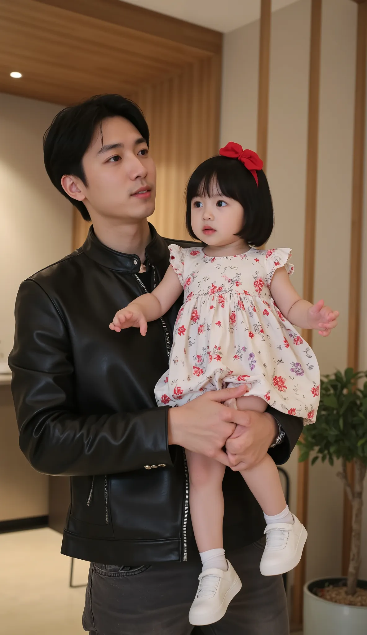 A young man with black hair, wearing a stylish black leather jacket and grey jeans, holds an adorable baby girl dressed in a floral dress with a matching red hair accessory, black hair . The baby has a cute bob haircut and a curious expression while lookin...