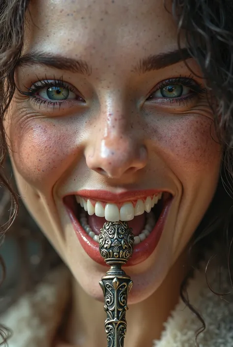 Generate a woman smiling while biting an intricate magical metal wand glued between her teeth 