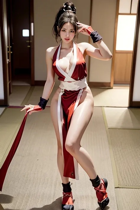 mai shiranui, (black satin tabi:1.3), (Full body:1.4), (Photo realistic:1.2), (masterpiece:1.2), (Best Quality), (ultra-detailed), (8K, 4K, Convoluted), (Flat Lighting:1.2), (skinny), Prestige, Brown eyes, Long brown hair, white ribbon, sleeveless, ponytai...