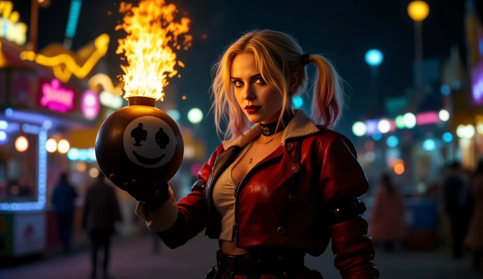 Harley Quinn (Scarlet Johansson) in the middle of an amusement park at night Harley Quinn has a round bomb with a wick burning with a huge flame, The bomb is the size of a ball, the bomb has the little face from Hello Kit painted on it