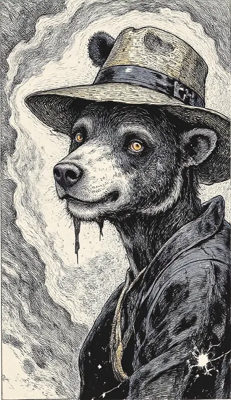 I have a black and white photo of a bear wearing a straw hat, Ink drawing by Howardena Pindell,  Reddit ,  mixed style ,  black ink on textured paper ,  Broken ,  is ,   black and white ink on paper  , detailed Ink drawing, pen & Ink drawing, very detailed...