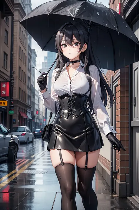 masterpiece, anime style, A young girl,  of foot, ( seen from the front ), (Holds a Victorian-style), pretty face, blank stare, looking at the spectator, long black hair, detailed eyes,  black eyes,  choker : 1.6, (( long sleeve white shirt )), ( black glo...