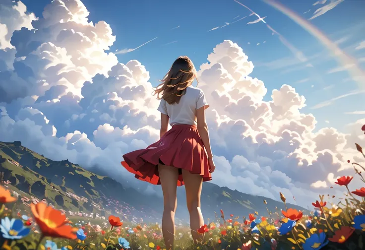  Masterpiece, (Top Quality, Created in High Resolution, 4K, 8k), (realistic, photorealistic: 1.5), floats into the air, Deep blue sky,giant clouds ,Seven Colors,Light, colorful fuzzy flowers :1.9,Blender Rendering, 100mm, backlight,octane render, Unreal En...