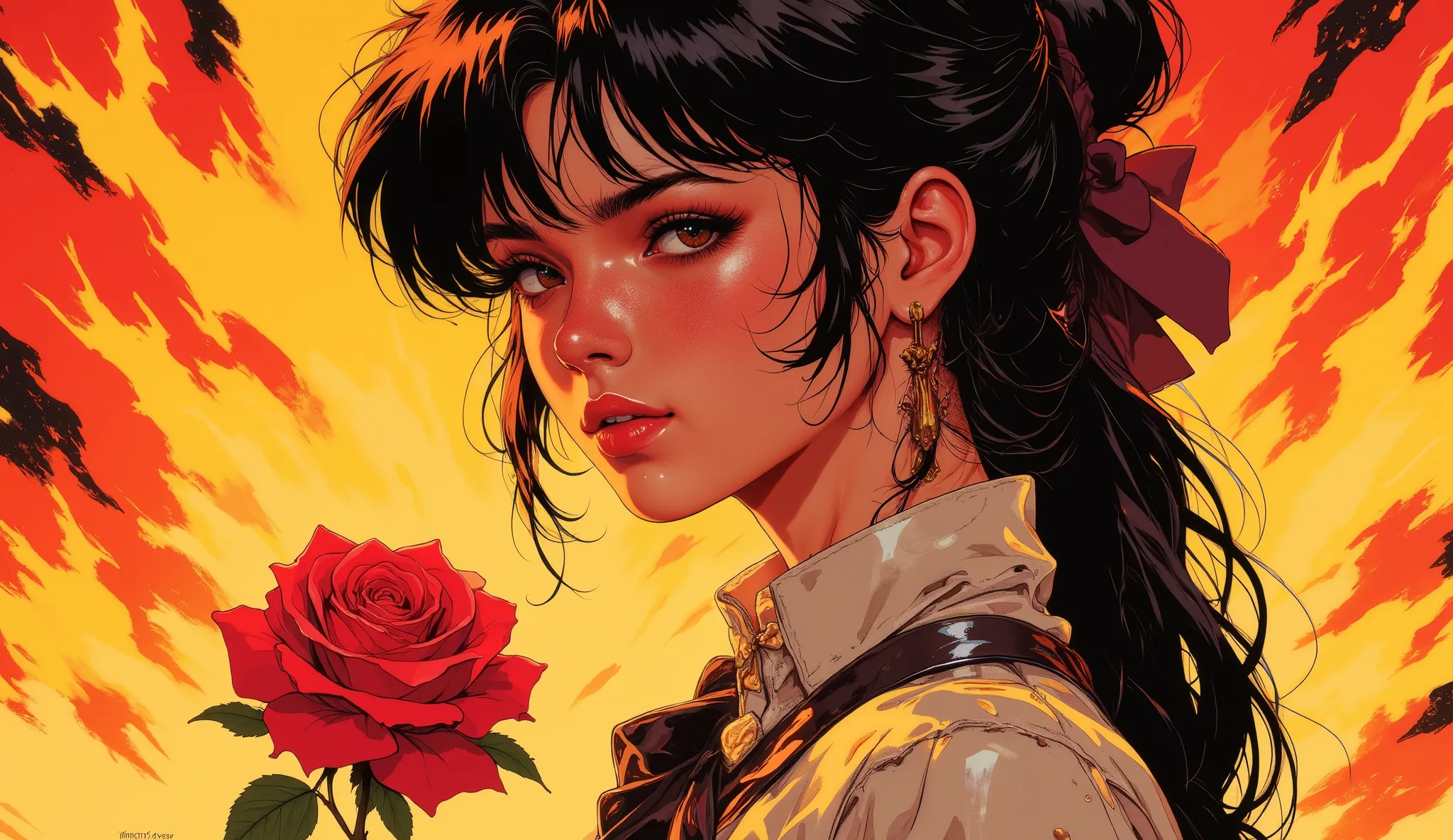  Beautiful woman with rose,  young, black hair, behind it there is a huge fire, retrato, retro anime