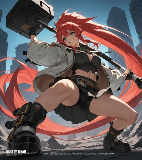 4K, Game's Magazine Cover, Guilty Gear strive Style, 1 girl, chains around her, extreme large Long Messy hair, violet colored hair, big bosom, buxom, jacket (with impressive details), shirt, spiked belt (large),  skirt, undershorts, spiked boots, holding a...