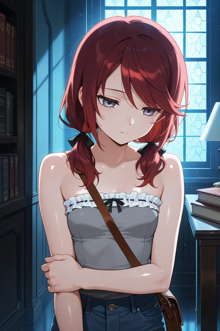 masterpiece, best quality, amazing quality,depressed, expressionless, :|, girl, satchel, light particles, thin, close up, books, dark red hair, swept bangs, low twin tails, hair ribbons, gray eyes,  holding own arm, sleeveless, strapless loose shirt, gray ...