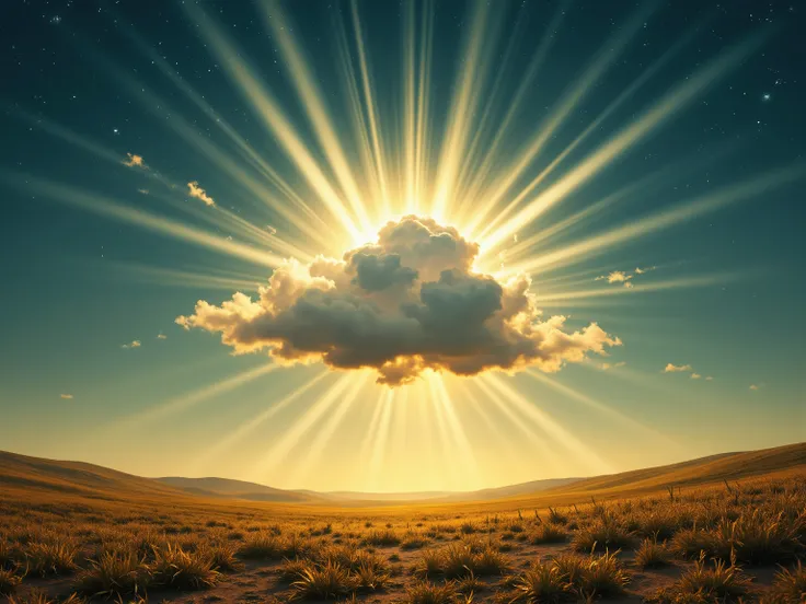 A hyper-realistic depiction of a solitary, dense cloud floating in a vast sky above a simple landscape with gentle hills and soft grass textures, echoing the atmospheric depth of Caspar David Friedrich’s romantic landscapes. The cloud, the only one in the ...