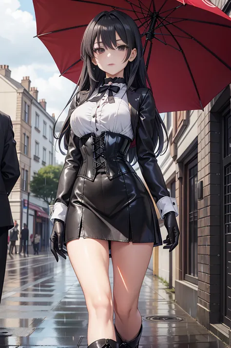 masterpiece, anime style, A young girl,  of foot, ( seen from the front ), (holds an umbrella with both hands), pretty face, blank stare, looking at the spectator, long black hair, detailed eyes,  black eyes,  choker : 1.6, (( long sleeve white shirt )), (...