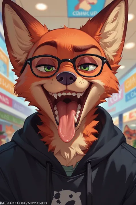 a furry Nick Wilde, smirking expression, attractive, cartoon, close-up of their open mouth, sharp pointy teeth, long pink tongue hanging out of their mouth, short hair, in the mall, wearing black glasses, emo furry