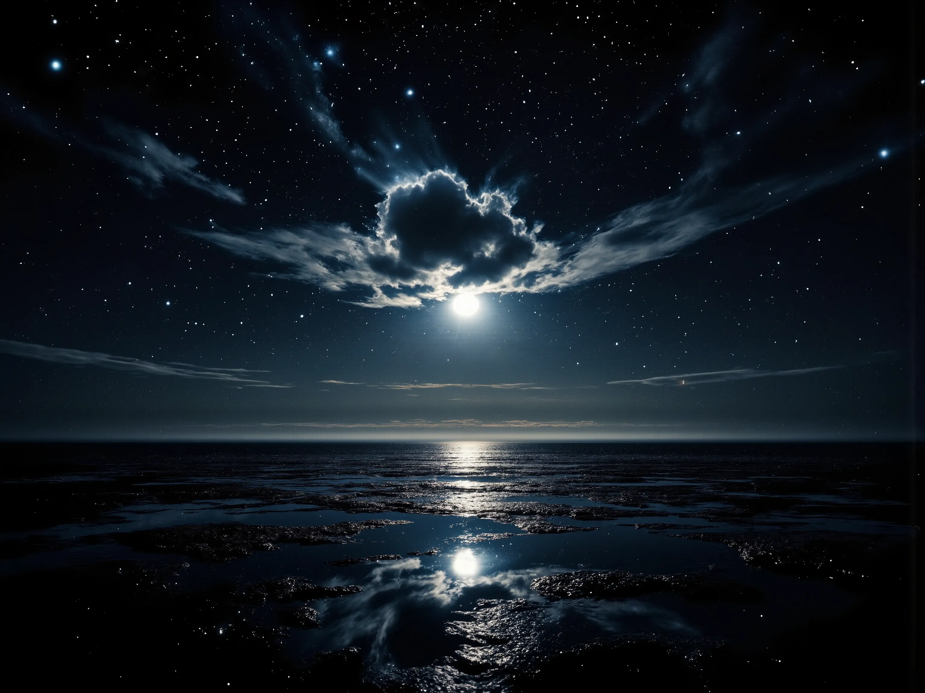 A hyper-realistic night scene featuring a vast, clear sky filled with luminous stars shining brightly above a calm ocean. The water’s surface reflects the starlight and moonlight perfectly, creating a mirror-like effect. A single, solitary dark cloud float...