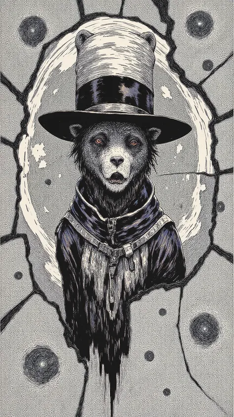 There is a black and white picture of a bear wearing a hat, Ink drawing by Howardena Pindell,  Reddit ,  mixed style ,  black ink on textured paper ,  Broken ,  is ,   black and white ink on paper  , detailed Ink drawing, pen & Ink drawing, very detailed p...