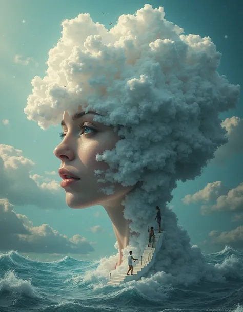 Visualize a surreal ocean illuminated by the black hour's glow. At the center is a side full body profile of a woman with a photo-realistic face resembling an actual human. Starting from her detailed eyes, nose, and chin, the rest of her head transitions i...