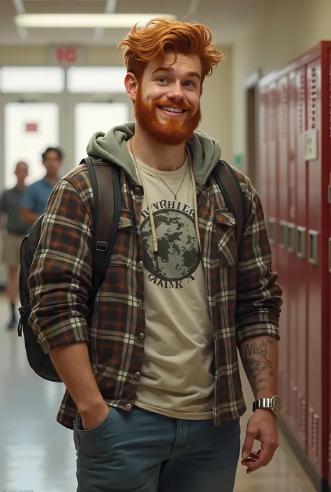 A slight overweight guy in high school who ginger and has a beard 