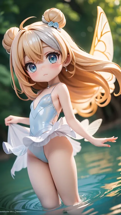 8k ⒉5D Real Anime Girl Style. Fairy, immature loli, long tired golden hair, a cute little face with shining amber eyes. Sheets with white and silver winds that emphasize the body's lines, large iridescent wings on the back. On a deep forest lake stage, a b...