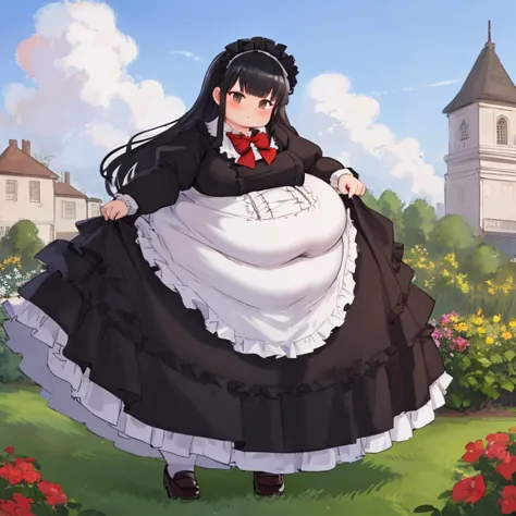 masterpiece,  best quality of wells,advanced details,  long black hair , one girl,  Height, obesity, Standing in the garden , The whole dress completely covers the body.、(Red Bowtie Collared Black and White Long Sleeve Lolita Dress Clothes Layered)、 high n...