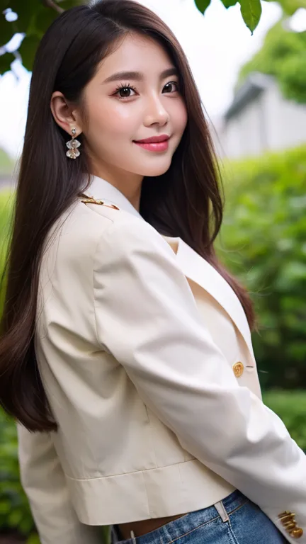 Beautiful girl looking at the viewer ,Stand playing in a flower garden,wearing a cropped black single-breasted jacket.Wear a high-waisted denim skirt,, clear white skin, soft cheeks, Smiling charmingly, seeing ,Sharp face,  brown eyes , earring, Long strai...