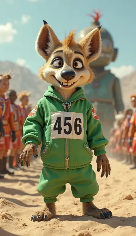 A playful and mischievous hyena dressed in a green Squid Game tracksuit with the number 456. It has fluffy fur, a spotted coat, and a signature wide grin. The hyena is standing frozen with one paw slightly raised, trying not to move. Its big expressive eye...