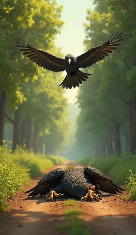 “A detailed 3D Pixar-style scene of a wise crow flying over a lush green forest road during the daytime. Below, an injured eagle with a wounded leg is lying on the ground, looking weak and in pain. The road is a small countryside path with dense trees on b...