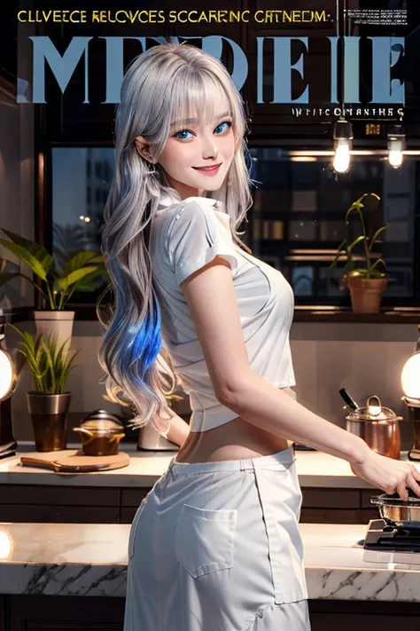 (from below:1.4),((1girl, silver hair, long hair, qutel blue eyes, beautiful eyes, pretty smile:1.5, ), coloring watercolor digital pencil ,Cherry blossoms falling,an animated painting of a woman in an apron standing at a coffee maker, 1girl, brown hair, s...