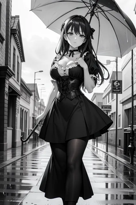 masterpiece, anime style, A young girl,  of foot, ( seen from the front ), (holds an umbrella with both hands), pretty face, blank stare, looking at the spectator, long black hair, detailed eyes,  black eyes,  choker : 1.6, ((Victorian style dress color bl...