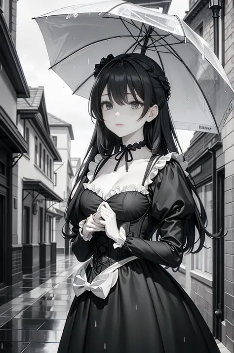 masterpiece, anime style, A young girl,  of foot, ( seen from the front ), (holds an umbrella with both hands), pretty face, blank stare, looking at the spectator, long black hair, detailed eyes,  black eyes,  choker : 1.6, ((Victorian style dress color bl...