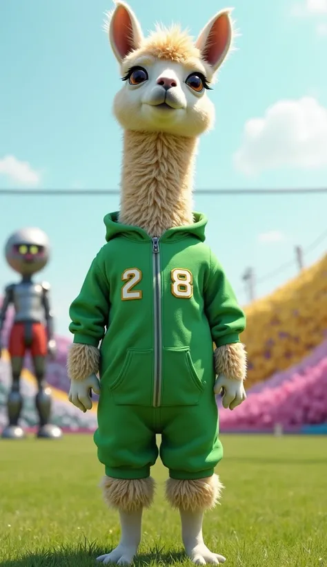 "A fluffy, expressive llama wearing a green Squid Game tracksuit with the number 218 on the front. Its long neck stands tall, and its ears are perked up in surprise as it tries to stay completely still. The llama’s large eyes show a mix of confidence and n...