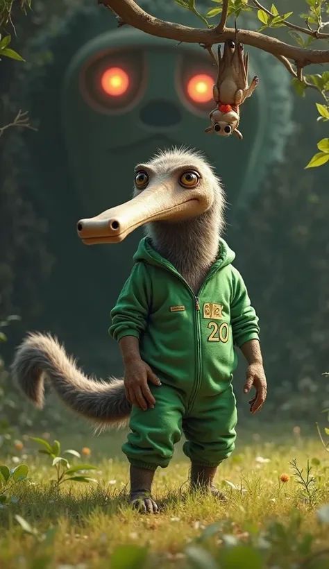 "A quirky, long-nosed giant anteater wearing a green Squid Game tracksuit with the number 230. Its bushy tail is dragging slightly on the ground, and its snout is raised as if sniffing the air nervously. The anteater is balancing on its back legs, trying n...