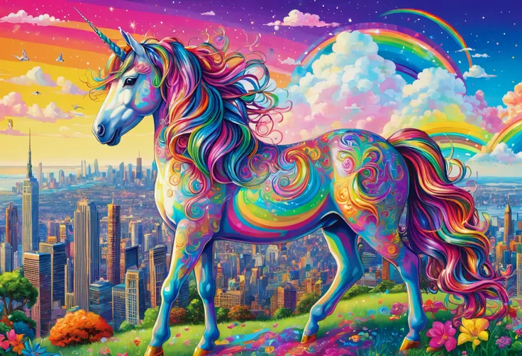 painting of a  Unicorn with a colorful mane and a city in the background, 色とりどりのたてがみと街を背景にした Unicornを描いたリサ・フランクの超精細なディテール絵画,  Shutterstock Contest Winners,   Psychedelic Art ,  Unicorn,  just a joke ,  Portrait of Lisa Frank ,  whimsical and psychedelic , ...