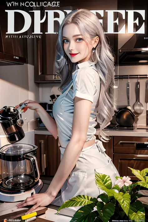 (from below:1.4),((1girl, silver hair, long hair, qutel blue eyes, beautiful eyes, pretty smile:1.5, ), coloring watercolor digital pencil ,Cherry blossoms falling,an animated painting of a woman in an apron standing at a coffee maker, 1girl, brown hair, s...