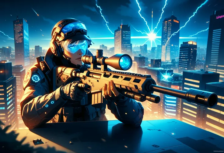 A futuristic sniper in a cyberpunk city, positioned on a rooftop at night. The sniper is dressed in a sleek, all-black tactical suit with a high-tech helmet that has a glowing red visor. They are aiming a highly advanced, mechanical sniper rifle with glowi...
