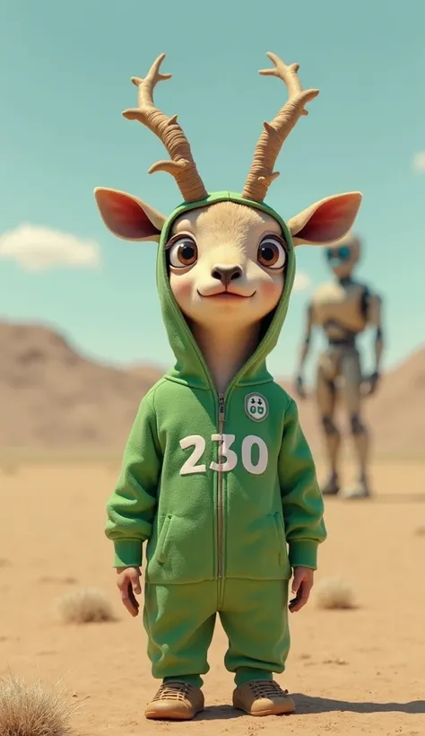 "A rare and adorable saiga antelope wearing a green Squid Game tracksuit with the number 230. Its large, unusual nose gives it a unique and quirky appearance. The antelope stands completely still, with wide, nervous eyes and its ears twitching slightly. Th...