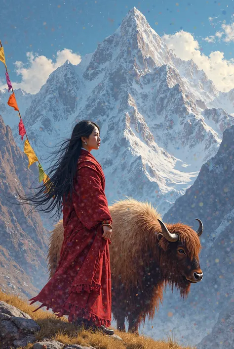 A digital painting of a Tibetan woman dressed in traditional red robes, standing beside a large, decorated yak in a high-altitude mountain landscape. Her long dark hair flows in the wind as she gazes into the distance. The scene is set against a dramatic b...