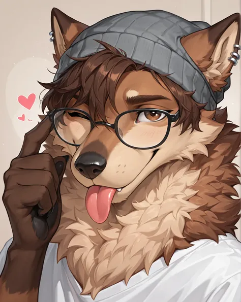 Masterpiece, best quality, absurd res, anthro, solo, an anthro furry male wolf, masculine male, brown fur, short brown hair, countershading, brown eyes, black nose, ear piercings, fluffy neck tufts, wearing grey beanie, black thick rimmed glasses, square g...