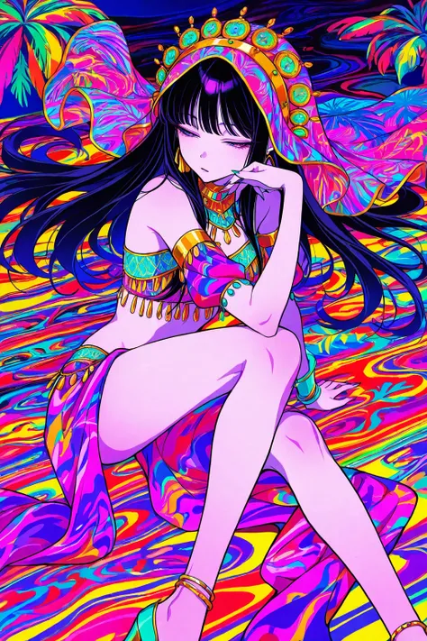 [gyaru:1.3], cool beauty, black hair, slender body, half-closed eyes, rest, Arabian exotic fashion, tropical motif room, feet out of frame, neon color, psychedelic,