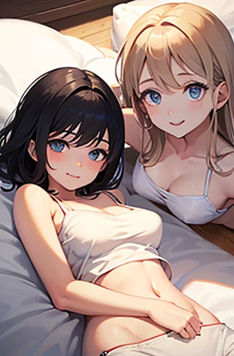 1 girl、cute、smile、 blue eyes、 black hair、(((shortcuts)))、beautiful breasts、(valley)、belly button、places arms behind head、 white camisole that floats above the sea、lying on her back、 bed、watching viewers、(upper body closeup)、digital art、