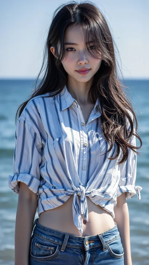 Portrait of a dark-haired girl，Long straight hair，Peep into the sea，Brown Eyes，Thick eyebrows，Smile with exposed teeth，Pink lip color，wearing a white shirt with blue stripes，cinched at the waist， showing her belly ，blue pants，Rolled Jeans，Sneakers。 Premium...