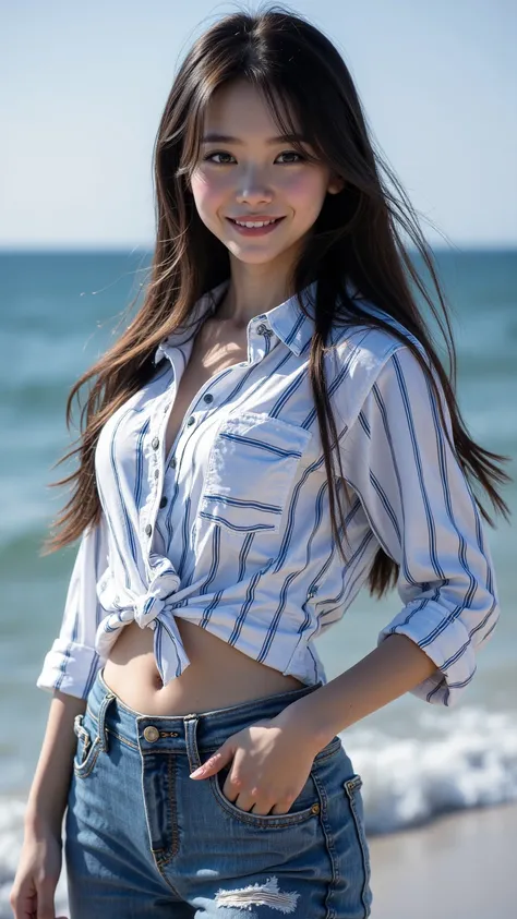 Portrait of a dark-haired girl，Long straight hair，Peep into the sea，Brown Eyes，Thick eyebrows，Smile with exposed teeth，Pink lip color，wearing a white shirt with blue stripes，cinched at the waist， showing her belly ，blue pants，Rolled Jeans，Sneakers。 Premium...