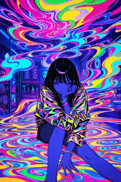 (gyaru:1.3), cool beauty, black hair, slender body, half-closed eyes, rest, Japanese exotic fashion, tropical motif room, feet out of frame, neon color, psychedelic,