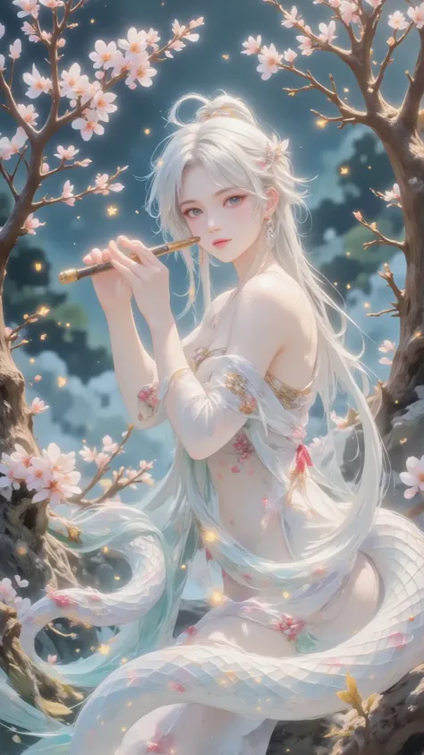 white cherry blossom tree， High detail(1,4), Very detailed，An ancient Chinese goddess sitting on a flute， Delicate Face ，Light makeup， close eyes，White ponytail long hair, ribbon, Chest, Sit next to a Chinese goddess playing a flute wearing a bright antiqu...